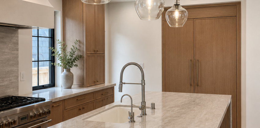 Kitchen island with marble waterfall countertop, glass pendant lights, and professional range in a Manhattan Beach home remodel