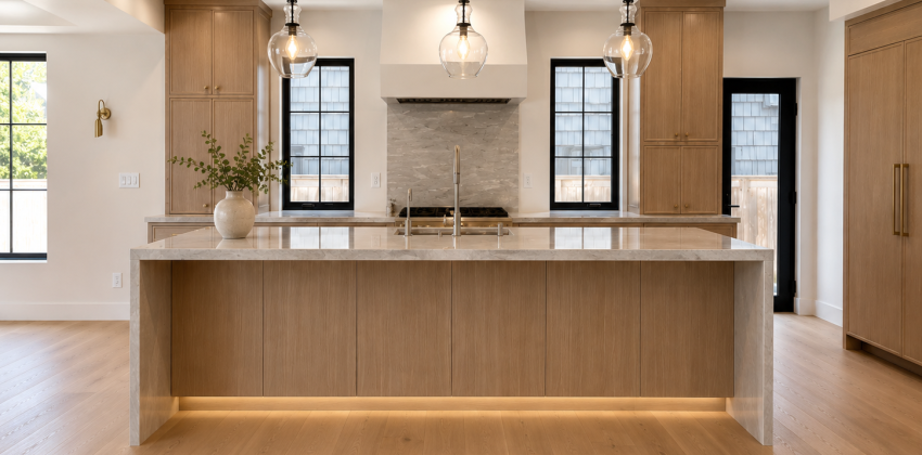 Kitchen remodel with large waterfall-edge island, wood cabinetry, and glass pendant lighting in a Manhattan Beach home