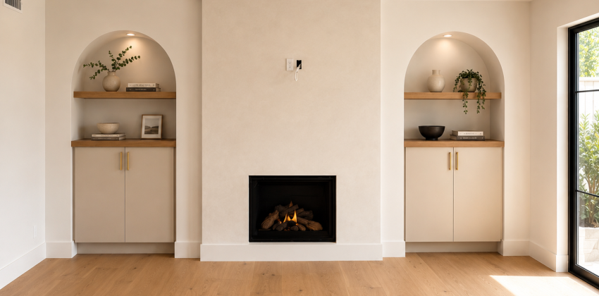 Living room fireplace with arched built-in shelving niches and hardwood flooring in a Manhattan Beach Spanish-style home