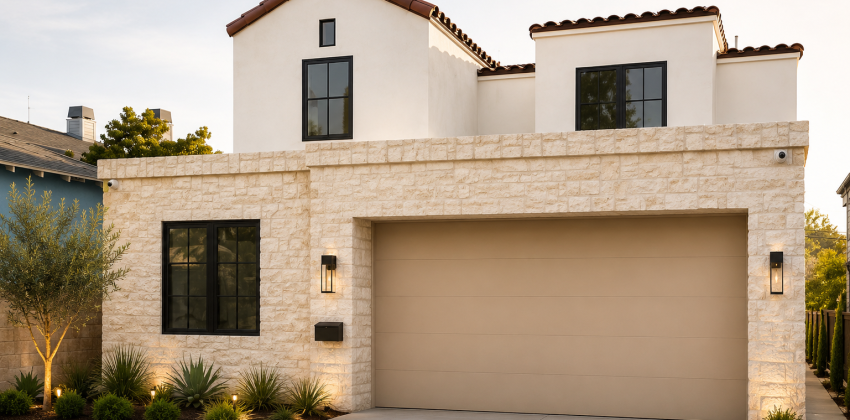 Two-story Spanish-style home exterior with tan stucco, stone accents, red tile roof, and two-car garage in Manhattan Beach
