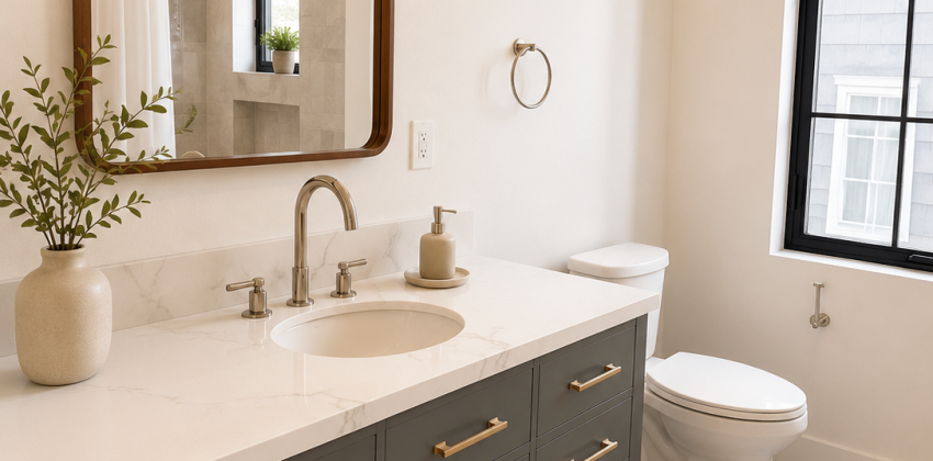 Bathroom remodel with sage green vanity, brass hardware, and marble countertop in a Manhattan Beach Spanish-style home