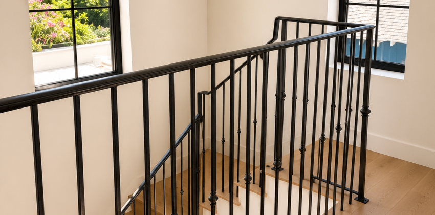 Wrought iron staircase railing and wood tread remodel in a Manhattan Beach Spanish-style home renovation