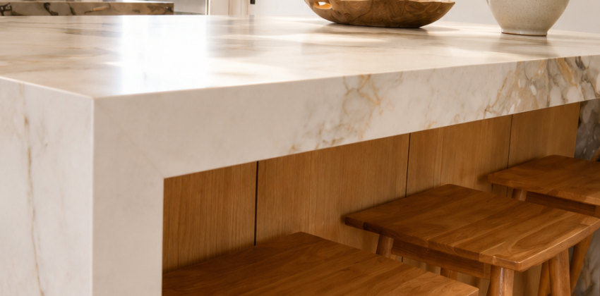 Kitchen island with marble waterfall countertop and wood bar stools in a Redondo Beach kitchen remodel