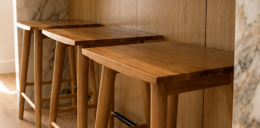 Kitchen island seating with wood bar stools under a marble waterfall countertop in Redondo Beach kitchen remodel