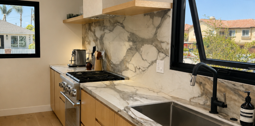 Kitchen with wood cabinetry, marble countertop and backsplash, and stainless steel sink in Redondo Beach kitchen remodel