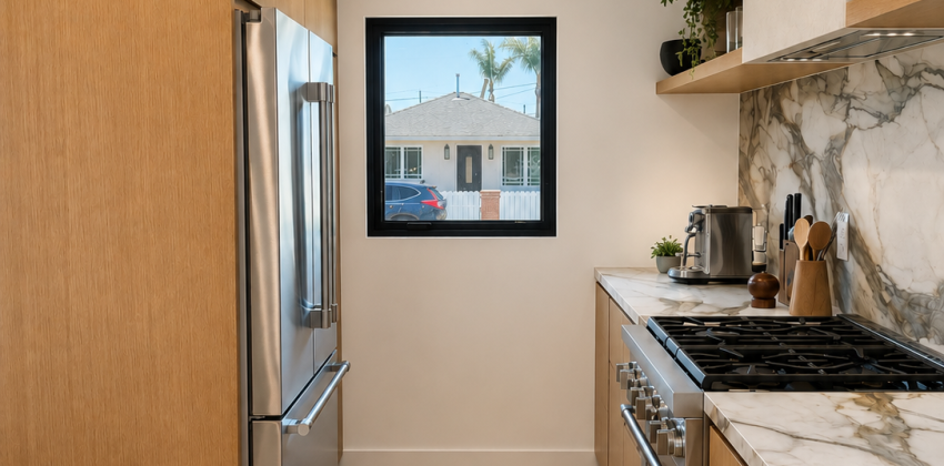 Kitchen with wood cabinetry, stainless steel appliances, and marble countertops in Redondo Beach kitchen remodel