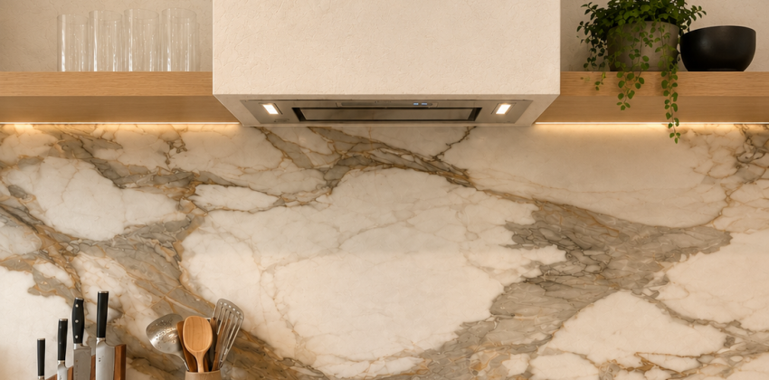 Kitchen range hood with marble slab backsplash above stainless steel gas range in Redondo Beach kitchen remodel