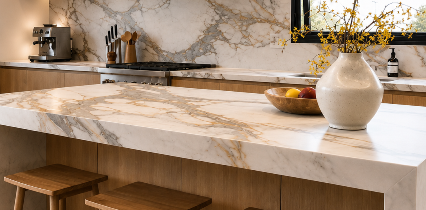 Kitchen island with marble waterfall countertop, wood bar stools, and marble backsplash with open shelving in Redondo Beach remodel